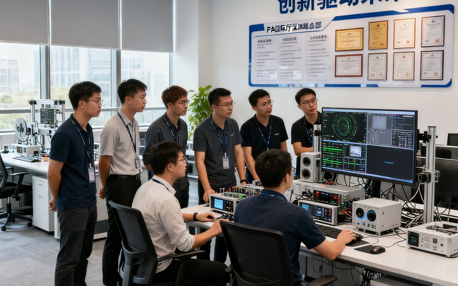 PA国际厅深圳总部开放式办公区内，数十名工程师在研发实验室中围绕监控设备进行调试，背景墙上挂着公司核心价值观标语与企业资质证书展板