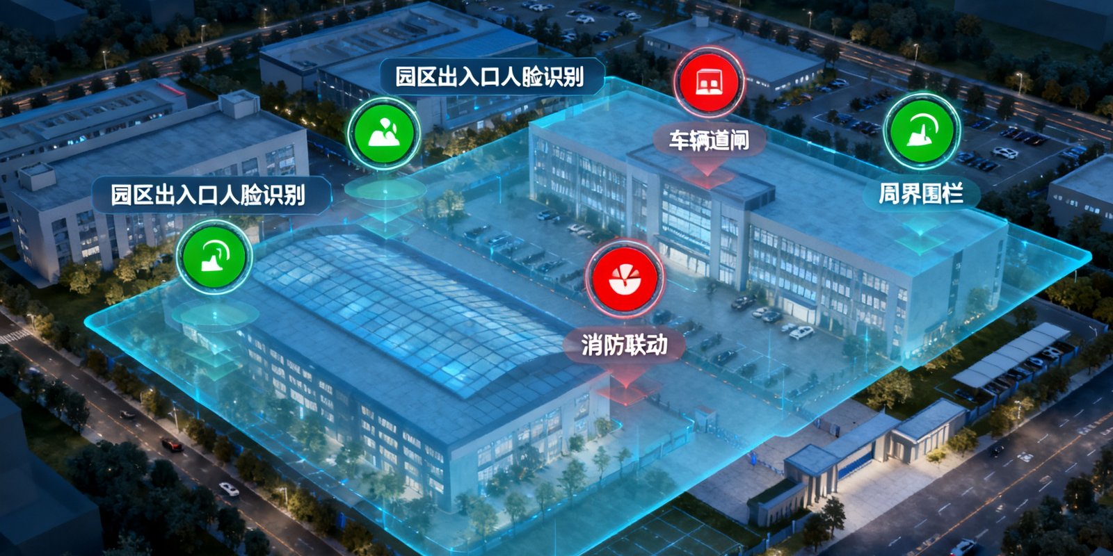 智慧园区鸟瞰图中PA国际厅综合安防管理平台界面叠加显示，标注园区出入口人脸识别、车辆道闸、周界围栏、消防联动等子系统的实时状态图标