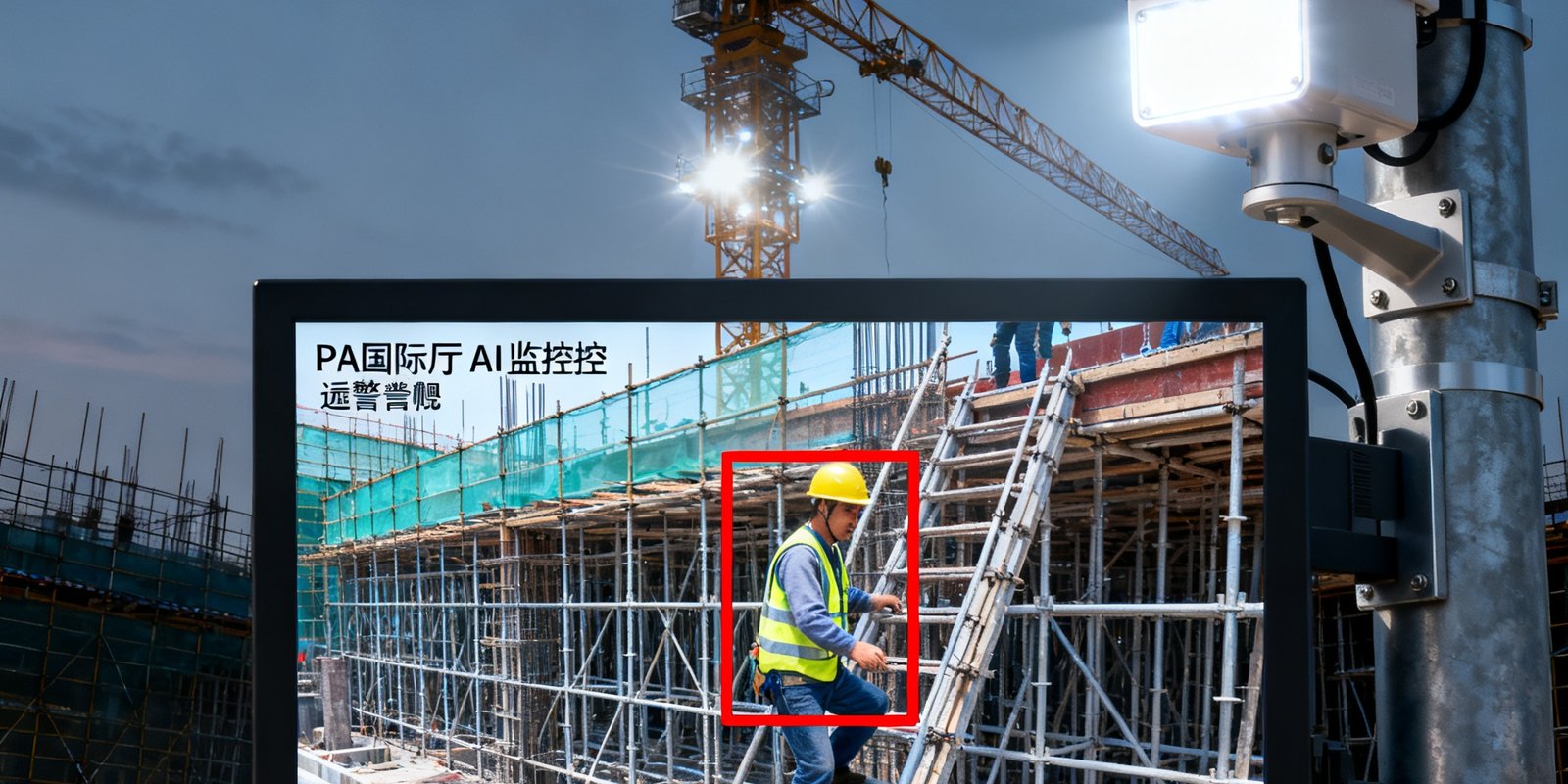 建筑工地全景中，塔吊顶端和脚手架区域安装的PA国际厅AI监控设备正在自动检测未戴安全帽、违规攀爬等行为，屏幕弹出红色违章告警框并自动抓拍证据图片