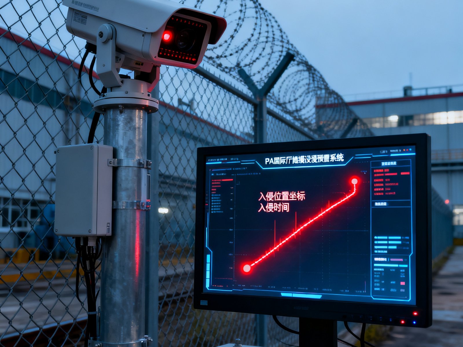 工业厂区围栏沿线部署的PA国际厅周界入侵预警系统，红外热成像云台与相控阵雷达协同工作，屏幕上的热源轨迹以红色标记显示，系统自动标注入侵位置坐标与时间